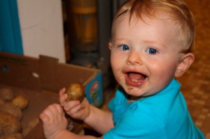 toddler eats potatoes