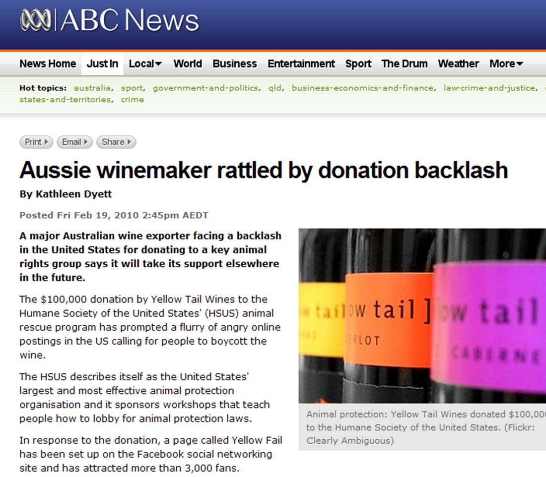 Yellow Tail Pledges to Stop HSUS Support